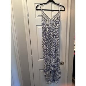 Angie Y2K Milkmaid Dress Cottage Core Blue White Floral High Low Babydoll Maxi